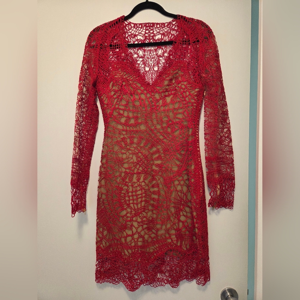 Tom Ford Red Lace Long Sleeve Dress